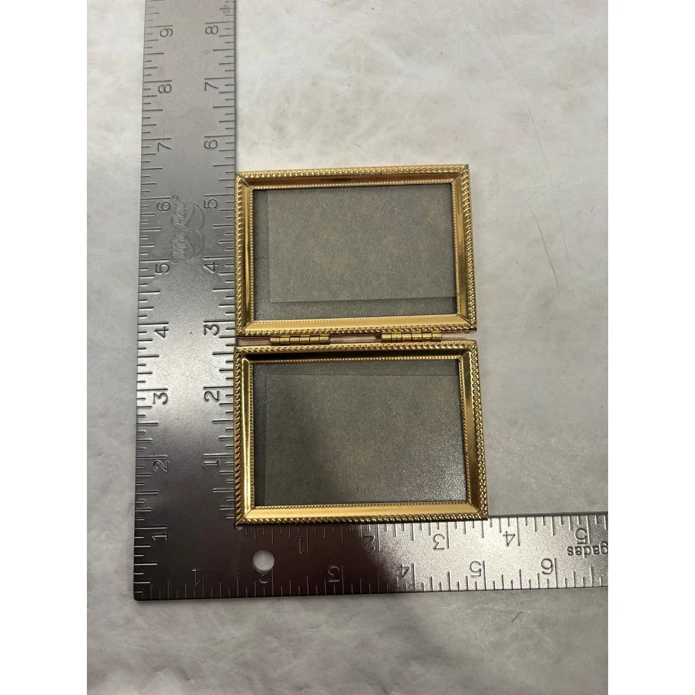 Vintage Gold Metal Double Folding Picture Frame Ornate Filigree Glass 2.5x3.5